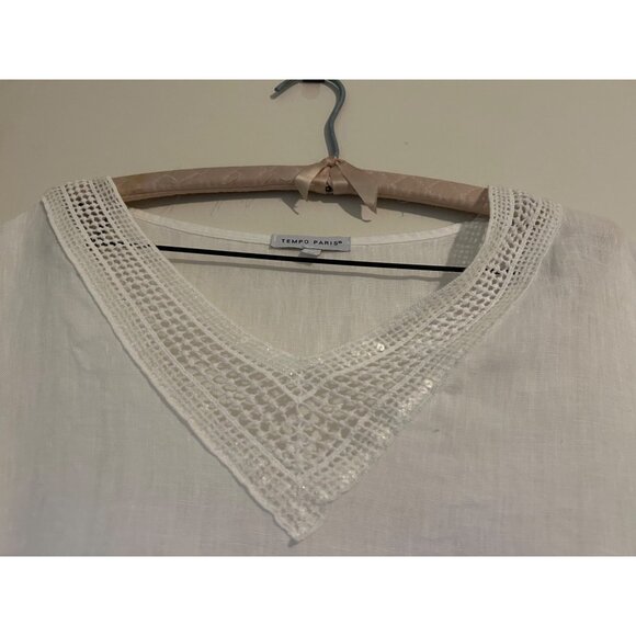 TEMPO PARIS Off White 100% Linen Artsy Dress Rauched Skirt Asymetrical Hem SZ M - Picture 16 of 16